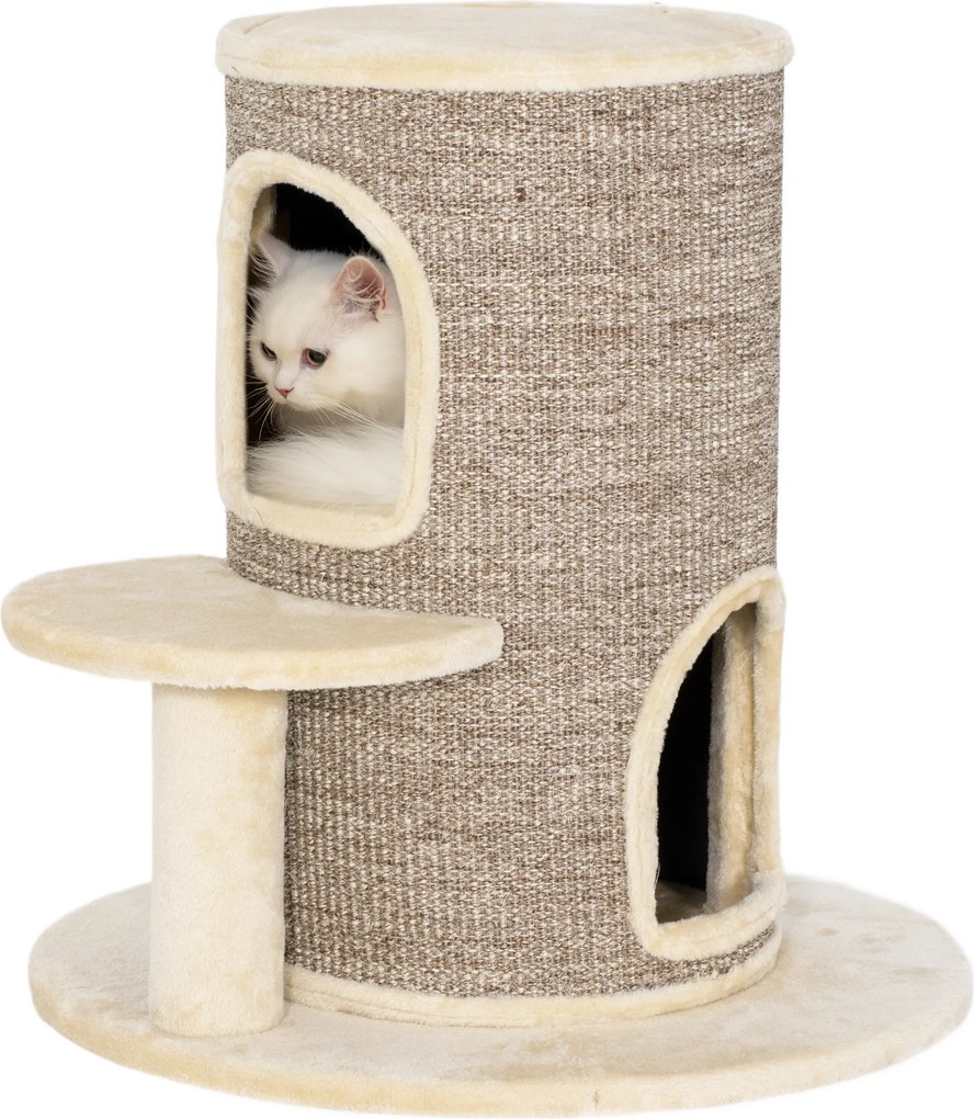 Arranhador em forma de barril com 2 níveis e plataforma, ideal para os gatos afiarem as unhas e brincarem, 60 x 60 x 61 cm, bege