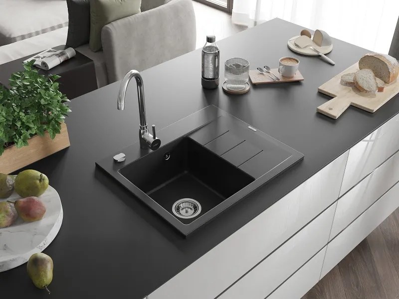 Mexen Ben lava-loiça de granito de 1 cuba com escorredor, esquerdo 600 x 500 mm, preto, sifão cromado - 6522605000-77
