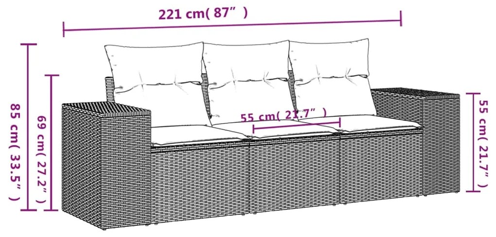 3 pcs conjunto sofás de jardim com almofadões vime PE preto