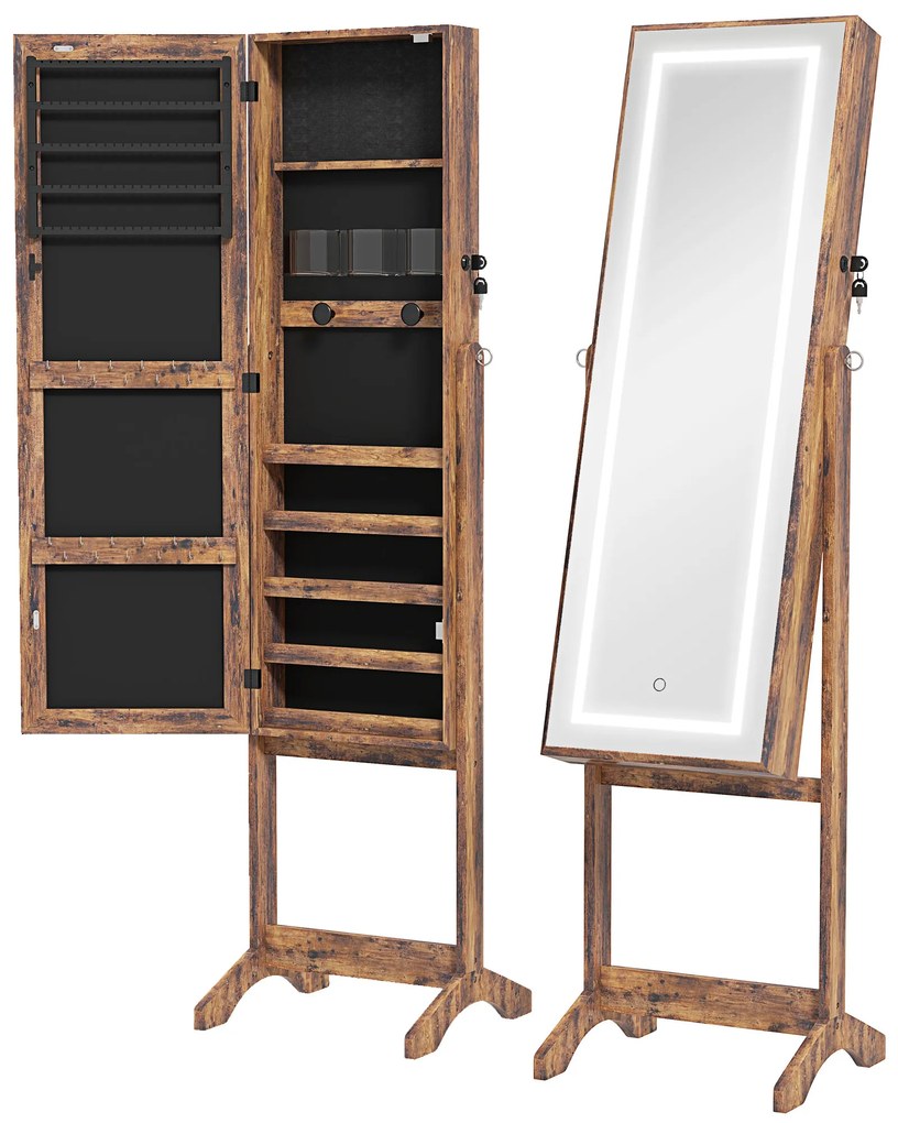 Joalheiro de Pé Armário para Jóias com Fita de Luz LED e Fechadura Magnética 46x36,5x151,5 cm Madeira