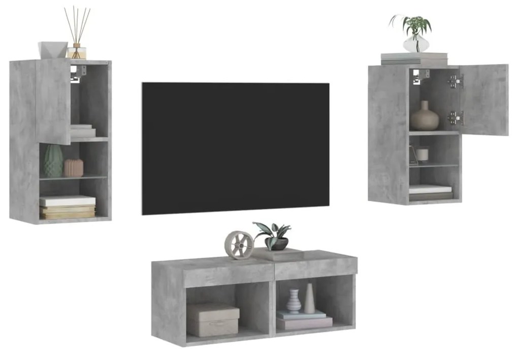 vidaXL 4 pcs móveis de parede para TV com luzes LED cinza cimento