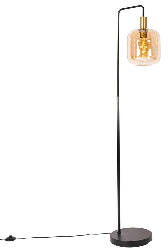 LED Candeeiro de pé inteligente preto com latão e vidro âmbar incl. WiFi G95 - Zuzanna