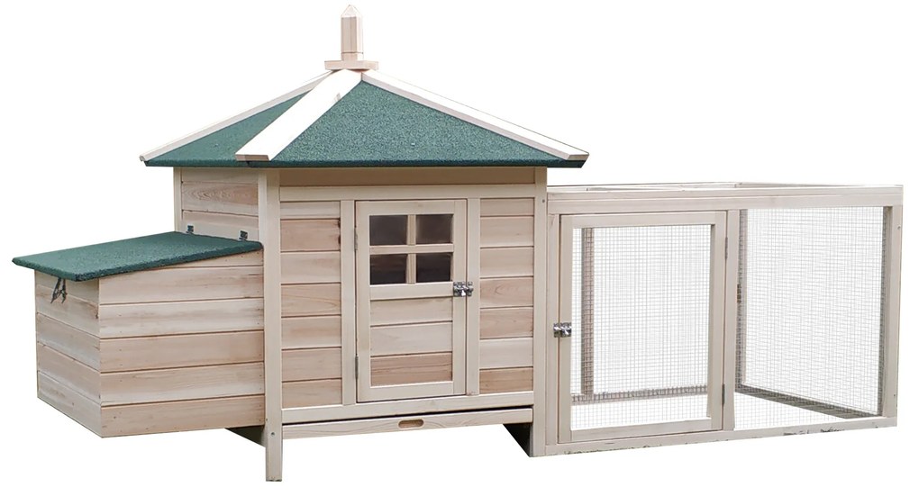 PawHut Galinheiro de Madeira de Abeto para Galinhas Exterior com Caixa Ninho Bandeja Removível e Espaço para Correr 196x76x97 cm | Aosom Portugal