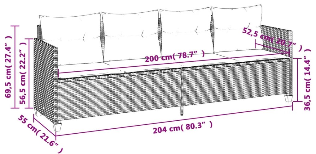 5 pcs conjunto sofás de jardim c/ almofadões vime PE cinzento