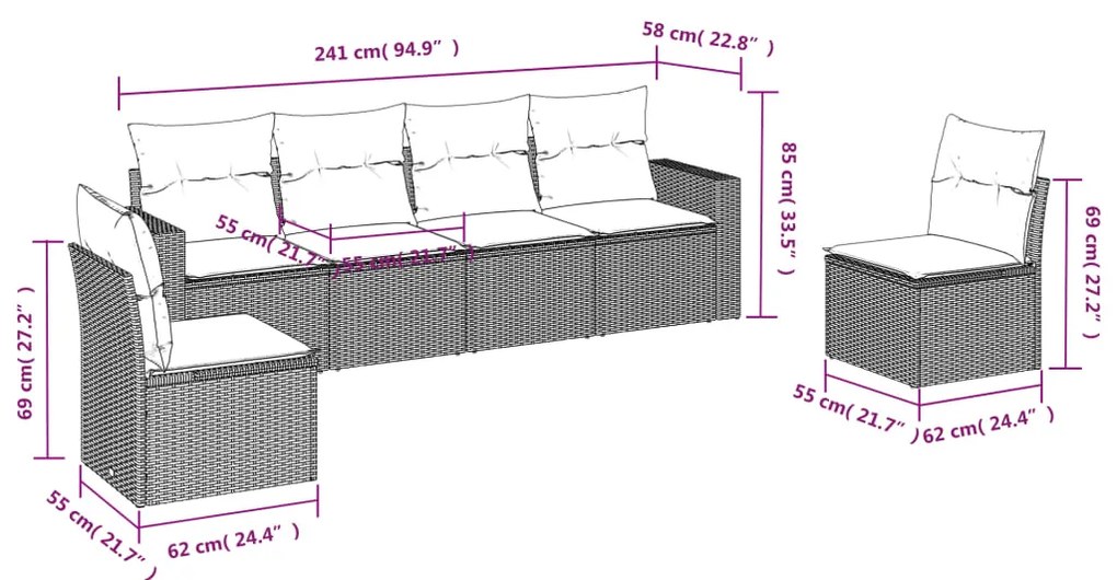 6 pcs conjunto sofás de jardim com almofadões vime cinzento