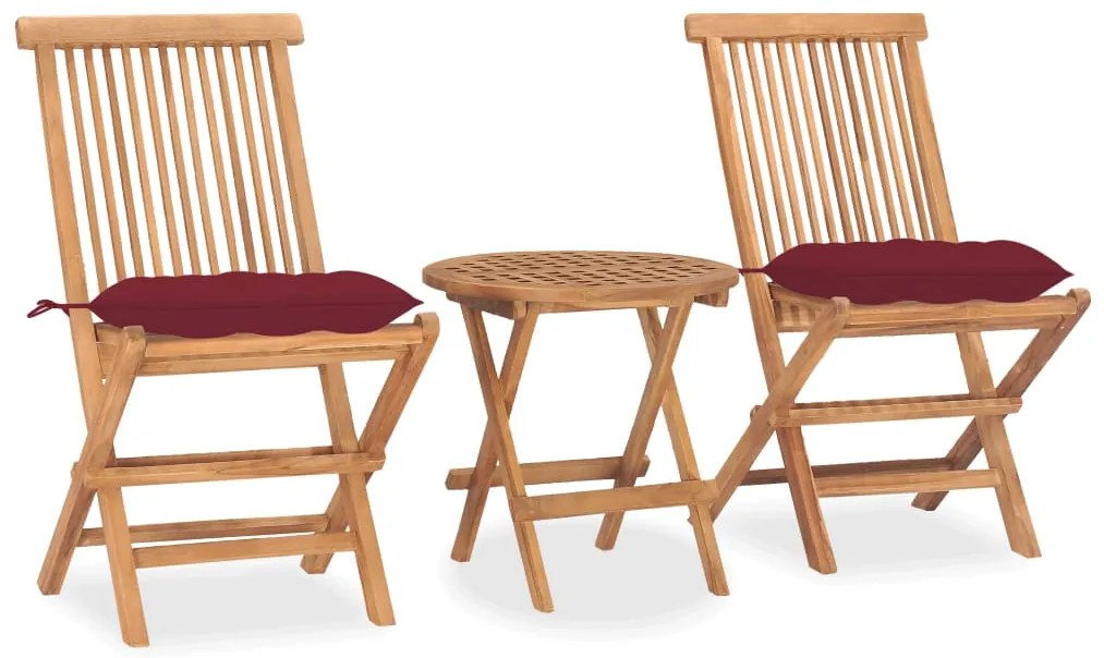 vidaXL 3 pcs conj. jantar dobrável exterior c/ almofadão teca maciça