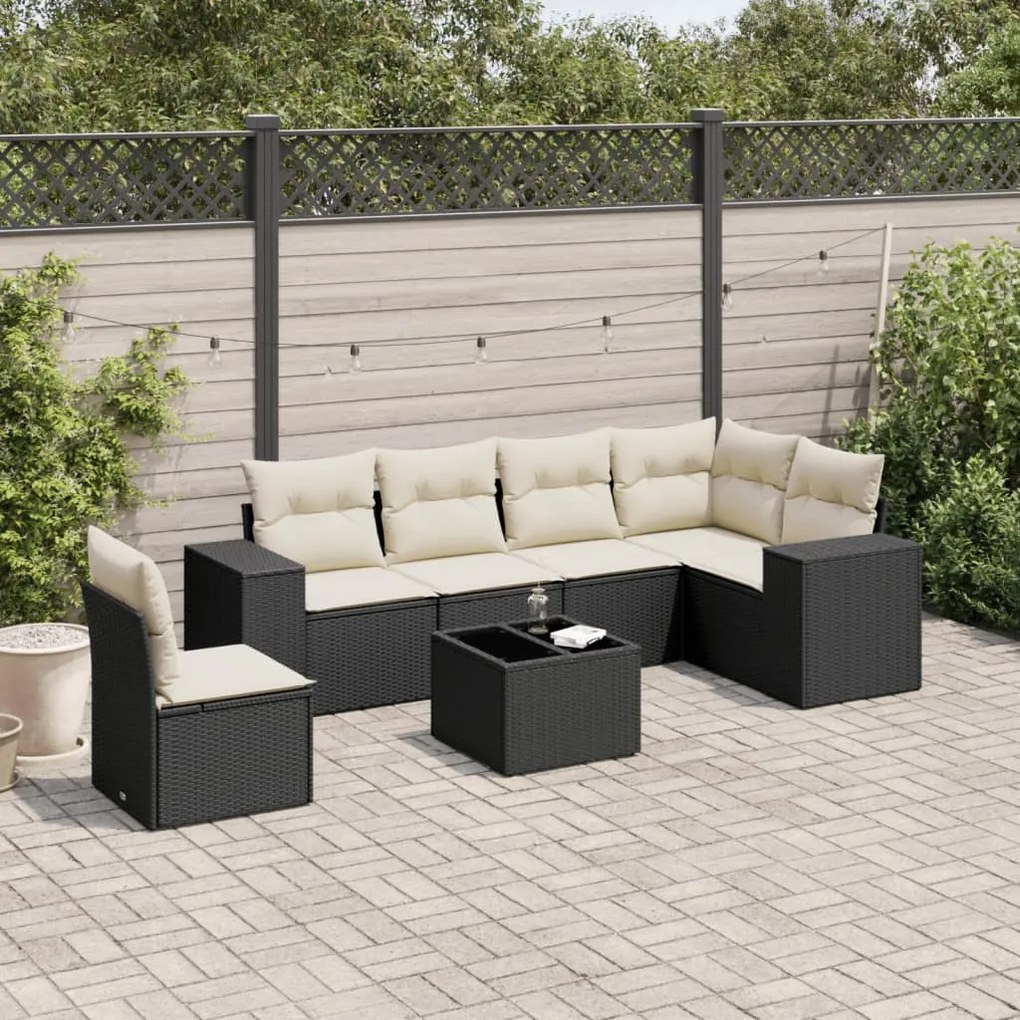 7 pcs conjunto de sofás p/ jardim c/ almofadões vime PE preto