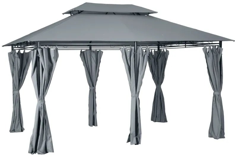 Pérgola de Jardim com Estrutura de Aço Teto Duplo 6 Cortinas Laterais 8 Orifícios de Drenagem 300x400x280 cm Cinza