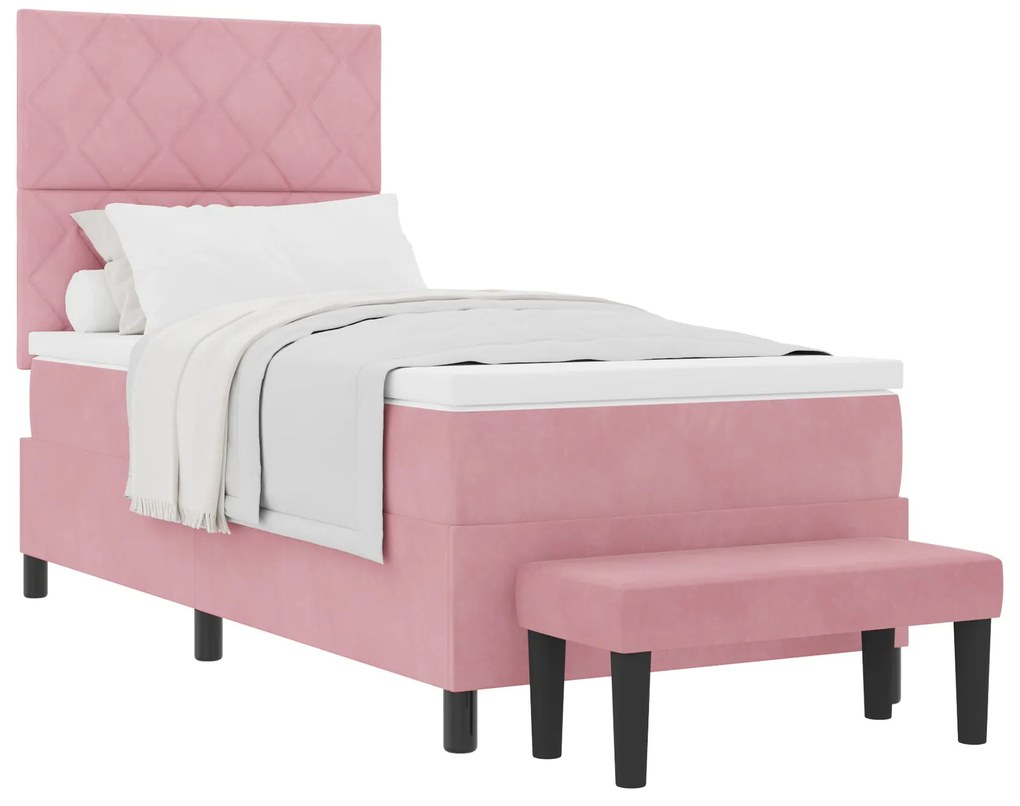 Cama Box Spring Rosa com Colchão e Banco 90x190 cm Veludo