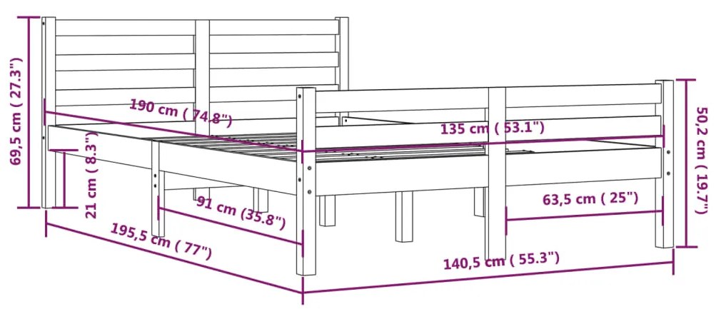 Estrutura de cama casal 135x190 cm madeira maciça preto