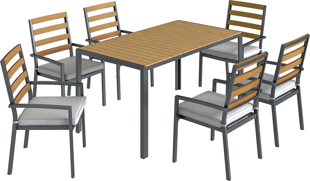 Outsunny Conjunto de móveis de jardim 7 peças, conjunto com 1 mesa de jantar, 6 cadeiras, almofadas, para terraço, madeira natural | Aosom Portugal
