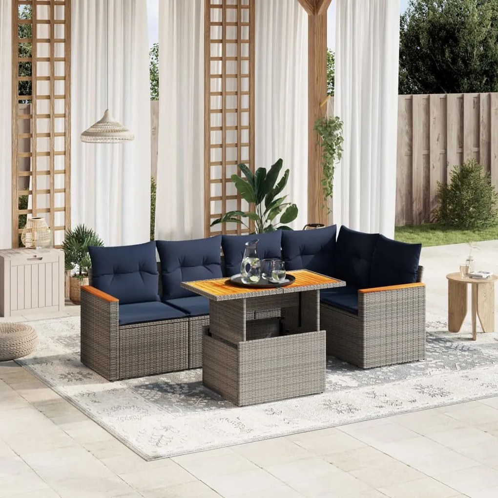 vidaXL 6 pcs conjunto sofás p/ jardim c/ almofadões vime PE cinzento