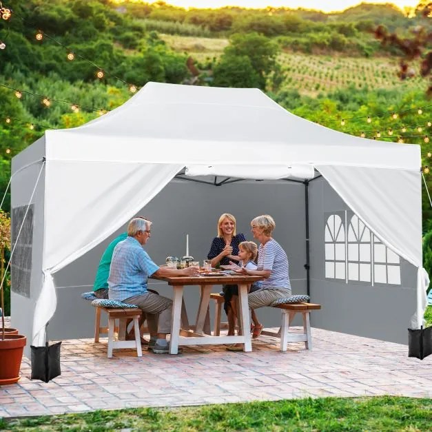 Tenda dobrável 431 x 291 cm, pop-up com 4 paredes amovíveis, altura ajustável, 4 x Sacos de areia, saco de transporte, rodas, impermeável, para pátio,