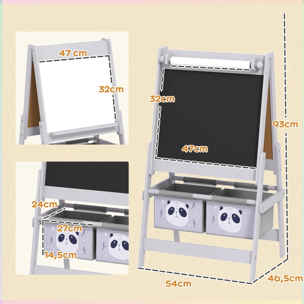 Quadro de cavalete infantil com ardósia de dupla face, quadro para giz, rolo de papel, 2 cestos, 54 x 46,5 x 93 cm, cinzento