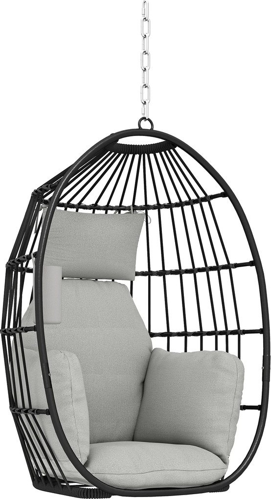 Outsunny Poltrona suspensa, poltrona ovo suspensa, cesta dobrável, almofadas acolchoadas, porta-copos, travesseiro, cinza escuro | Aosom Portugal