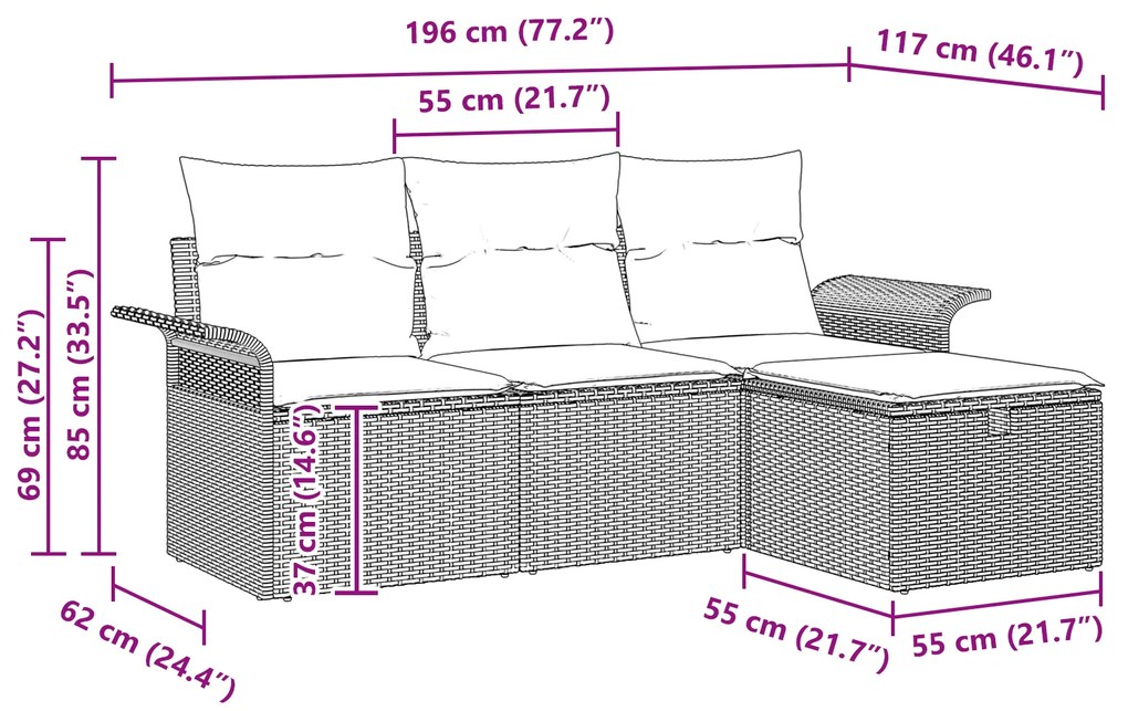Conjunto de Sofás de Jardim de 4 Peças com Almofadas Preto Rattan Poli