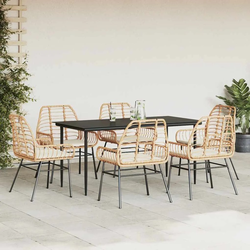 Conjunto jantar jardim 7 peças almofadas vidro vime PE castanho