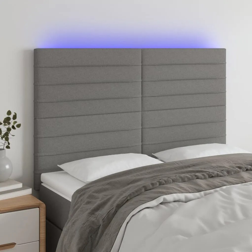 Cabeceira de cama c/ LED tecido 144x5x118/128 cm cinza-escuro