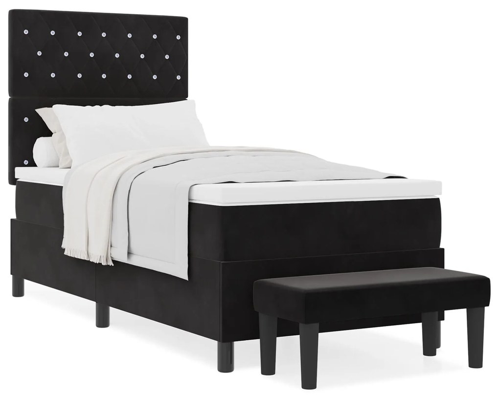 Cama Box Spring com Colchão e Banco Preto 100x200 cm Veludo