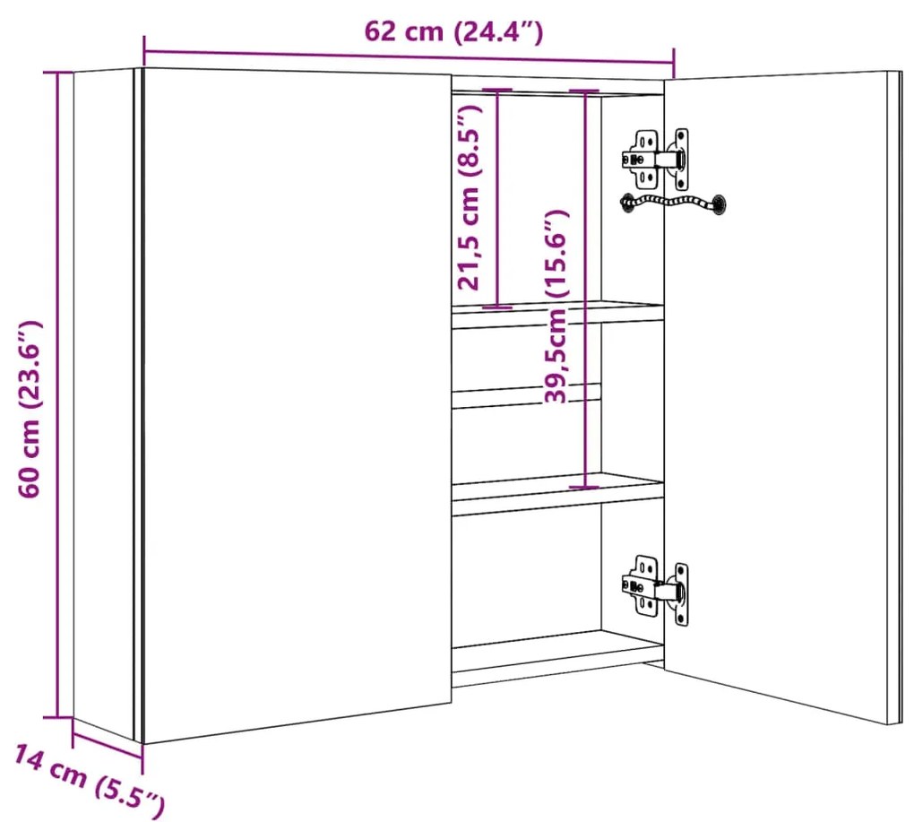 Armário espelhado casa de banho LED 62x14x60cm cinzento cimento