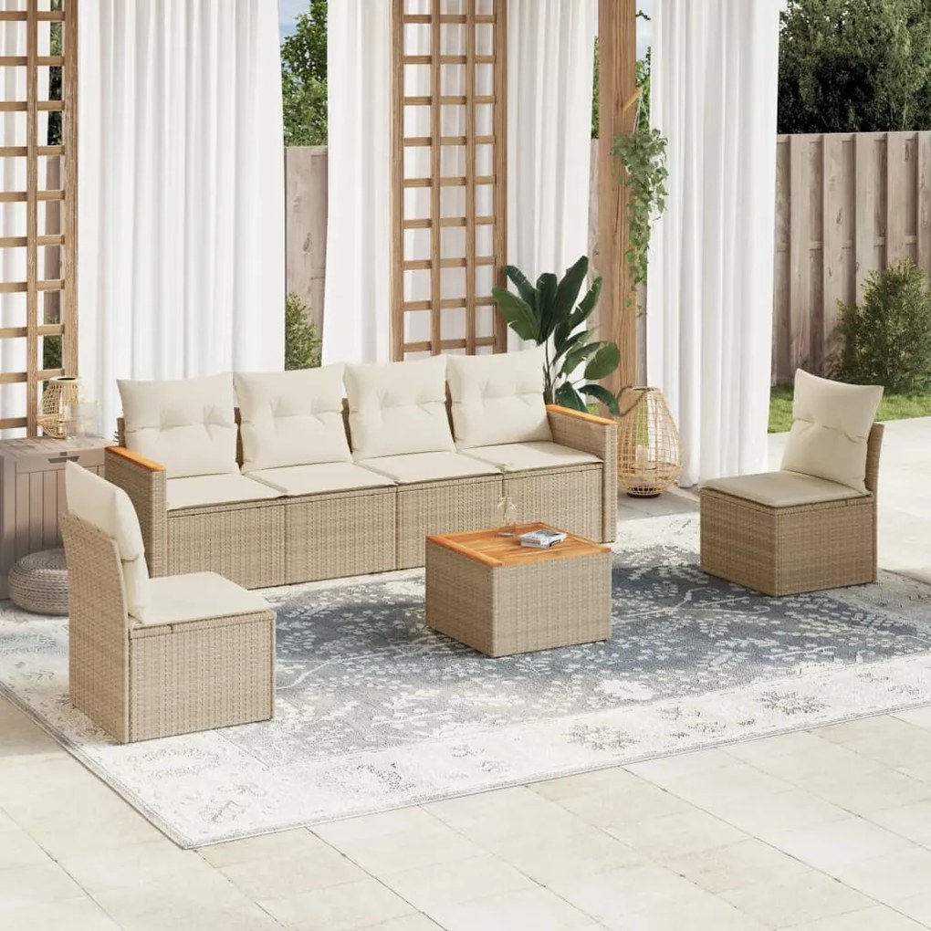 7 pcs conjunto de sofás p/ jardim com almofadões vime PE bege