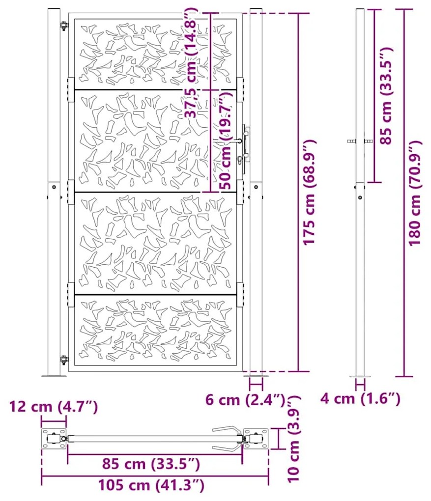 Portão de jardim 105x180 cm design de folha de aço preto