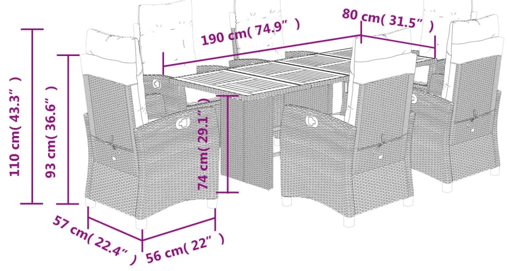 7 pcs conjunto de jantar p/ jardim c/ almofadões vime PE preto
