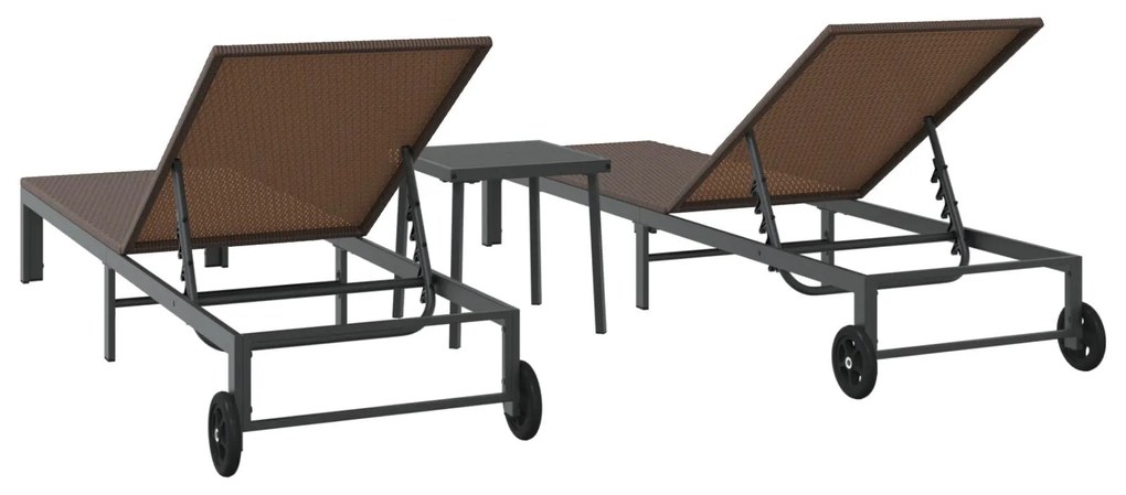 Conjuntos de espreguiçadeiras 2 pcs com rodas e mesa em rattan sintéti