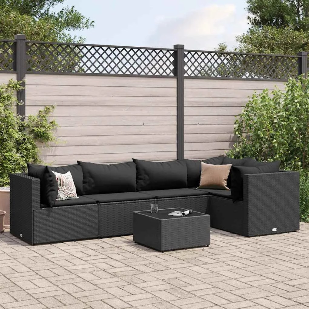 vidaXL 6 pcs conjunto lounge de jardim c/ almofadões vime PE preto