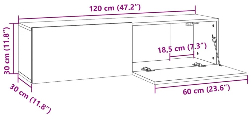Móvel parede TV 120x30x30 cm madeira processada carvalho fumado