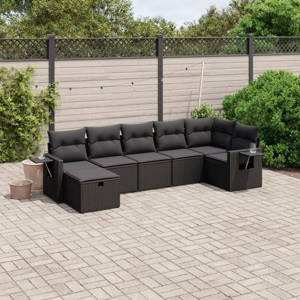 vidaXL 7 pcs conjunto de sofás p/ jardim c/ almofadões vime PE preto