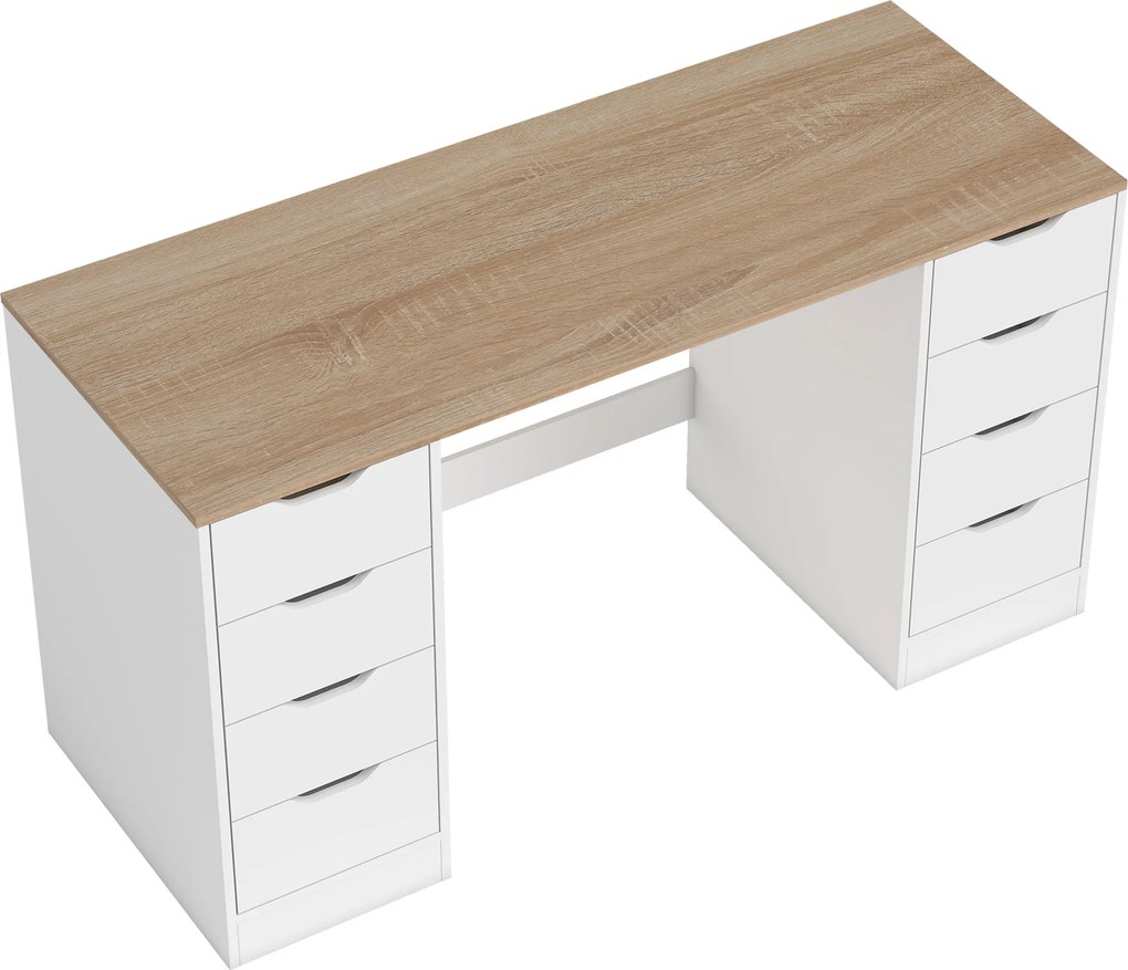 HOMCOM Mesa de computador 140 cm, 8 gavetas, escrivaninha para home office, quarto, aço, madeira, natural | Aosom Portugal