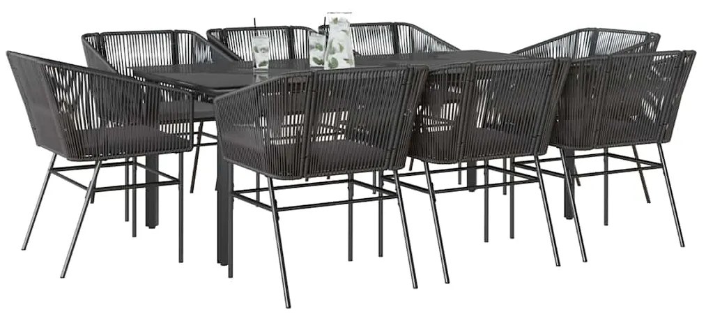 Conjunto de jantar jardim 9 peças almofadas vidro vime PE preto