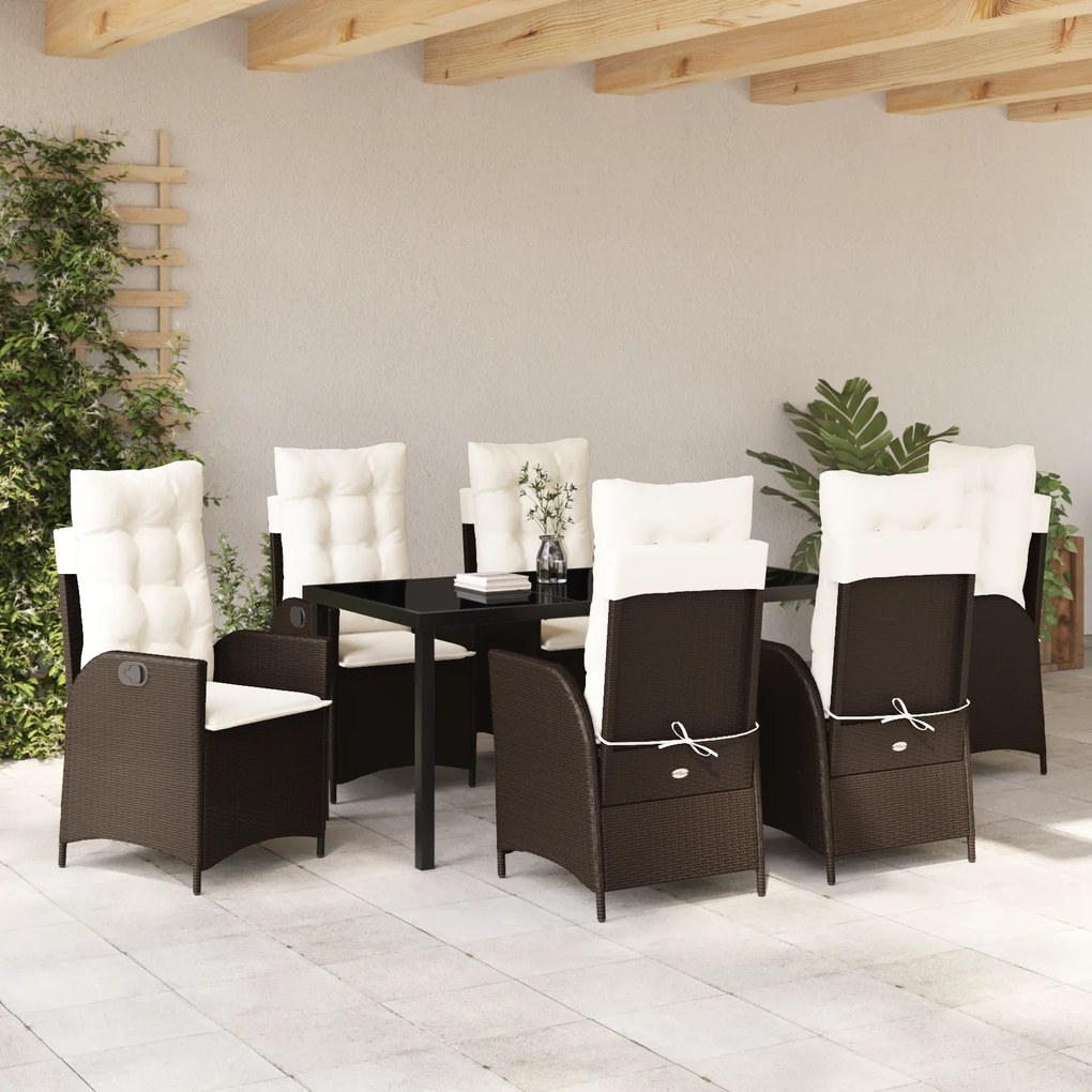 Conjunto de Jantar de Jardim 7 Peças com Almofadas Castanho Rattan Pol