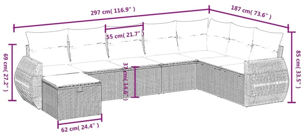 8 pcs conjunto sofás de jardim c/ almofadões vime PE castanho