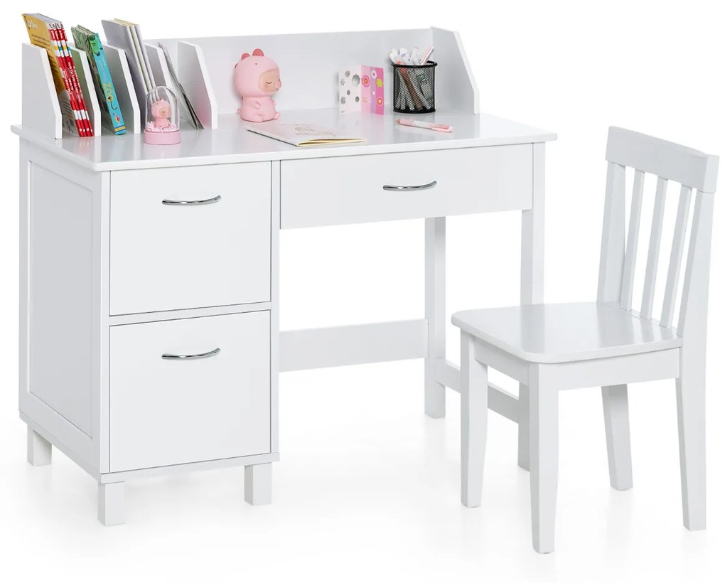 Conjunto de escrivaninha e cadeira infantil com gaveta, guarda-roupa, superfície longa, mesa de estudo infantil branca