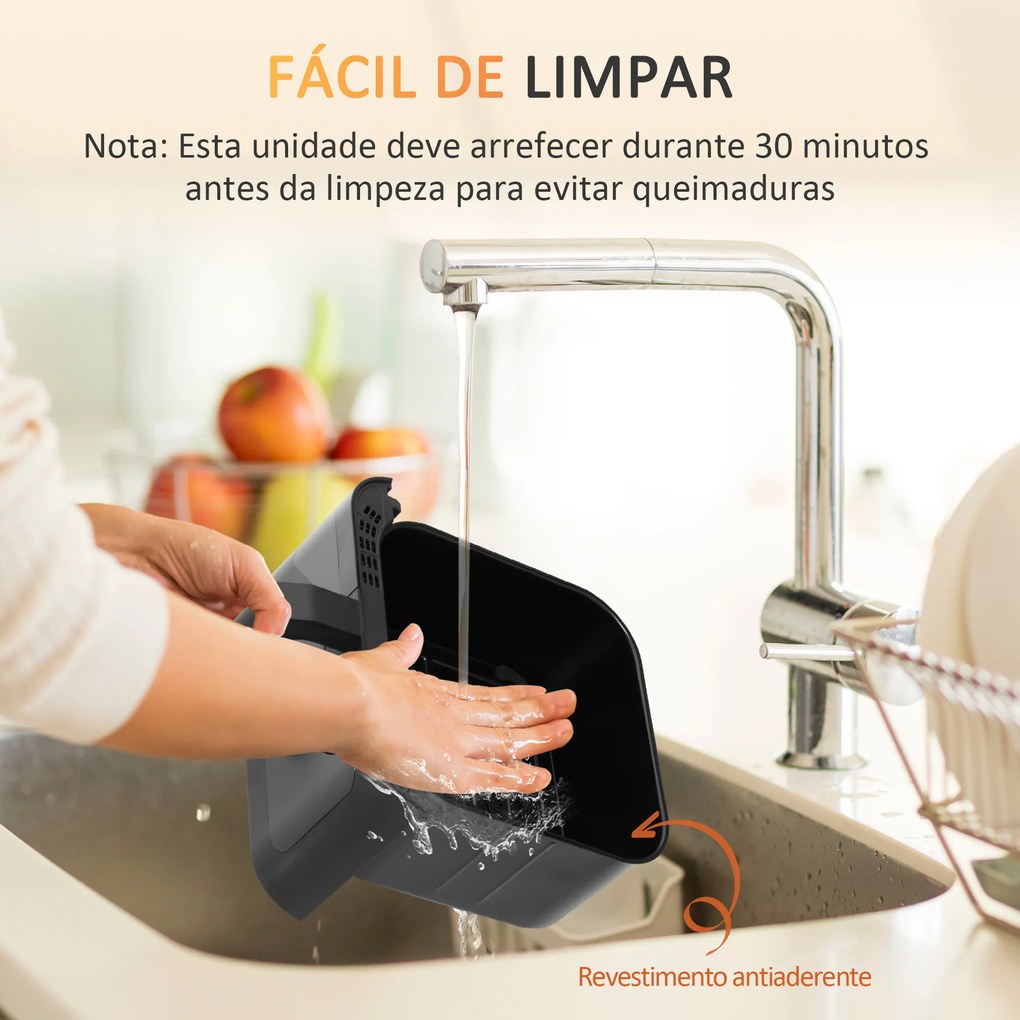 Fritadeira sem Óleo 4 em 1 Fritadeira de Ar Quente 1350W com 3 Programas Ecrã LED Tátil Temperatura Ajustável Temporizador e Cesta Antiaderente 31x37,5x32cm Preto