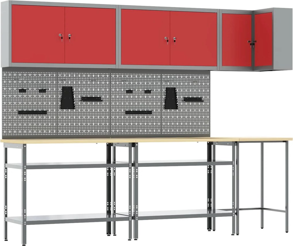 vidaXL Conjunto de Armários de Trabalho Manual 10 pcs Vermelho e Cinza