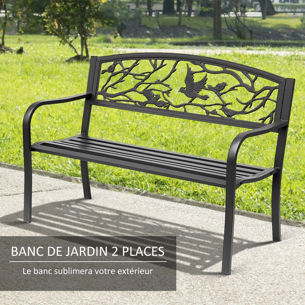 Banco de jardim de 3 lugares 127 x 60 x 85 cm, estilo rústico-chique, para varanda, terraço ou pátio, metal com revestimento epóxi anticorrosivo, pret