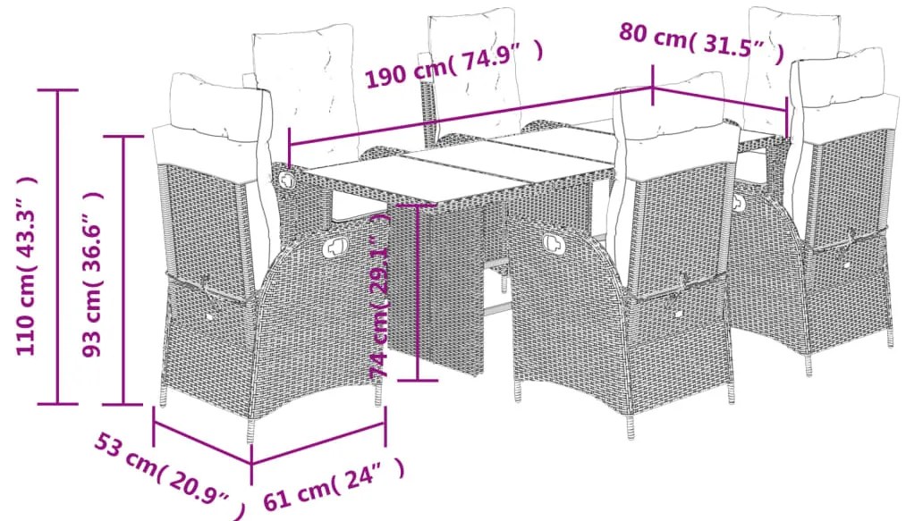 7 pcs conjunto de jantar p/ jardim c/ almofadões vime PE cinza