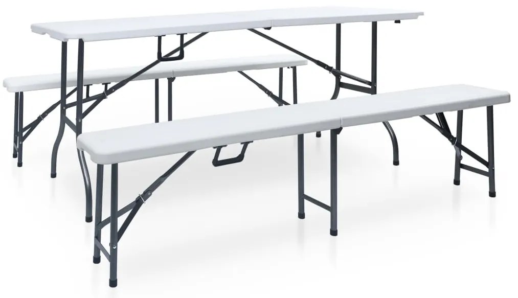Mesa de jardim dobrável com 2 bancos 180 cm aço e PEAD branco