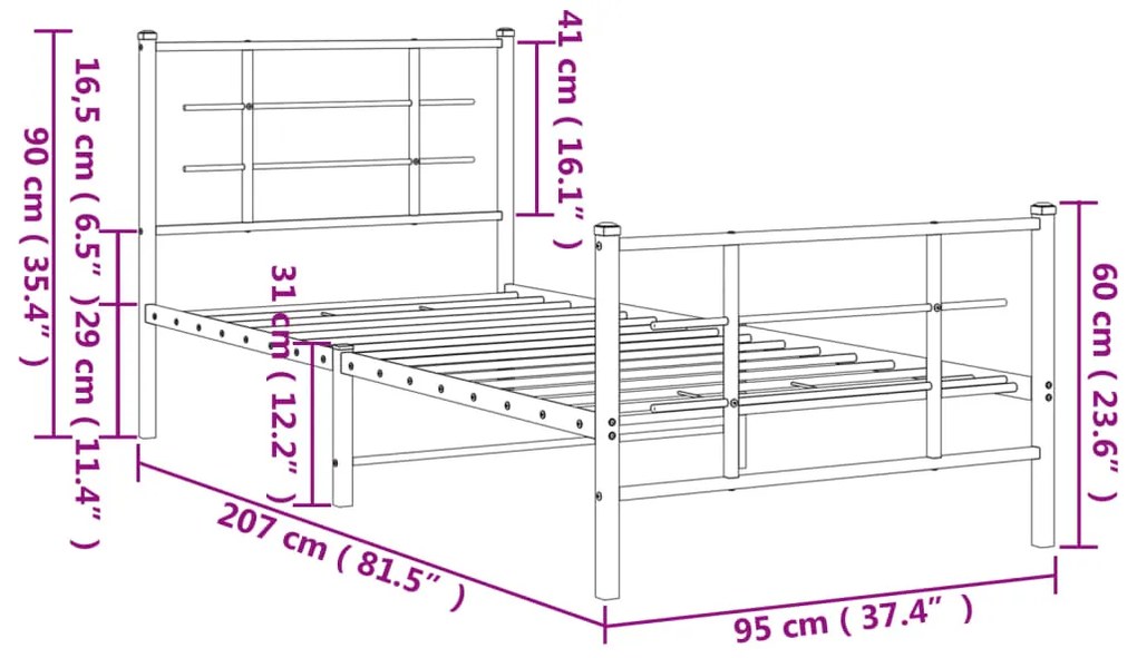 Estrutura de cama com cabeceira e pés 90x200 cm metal preto