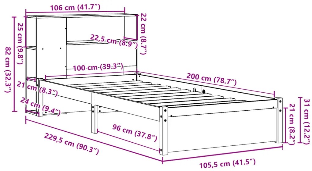 Cama com estante sem colchão 100x200 cm pinho maciço branco