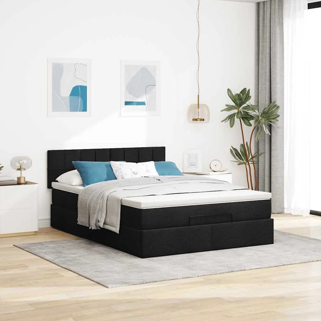 Cama otomana com colchão 140x200 cm tecido preto