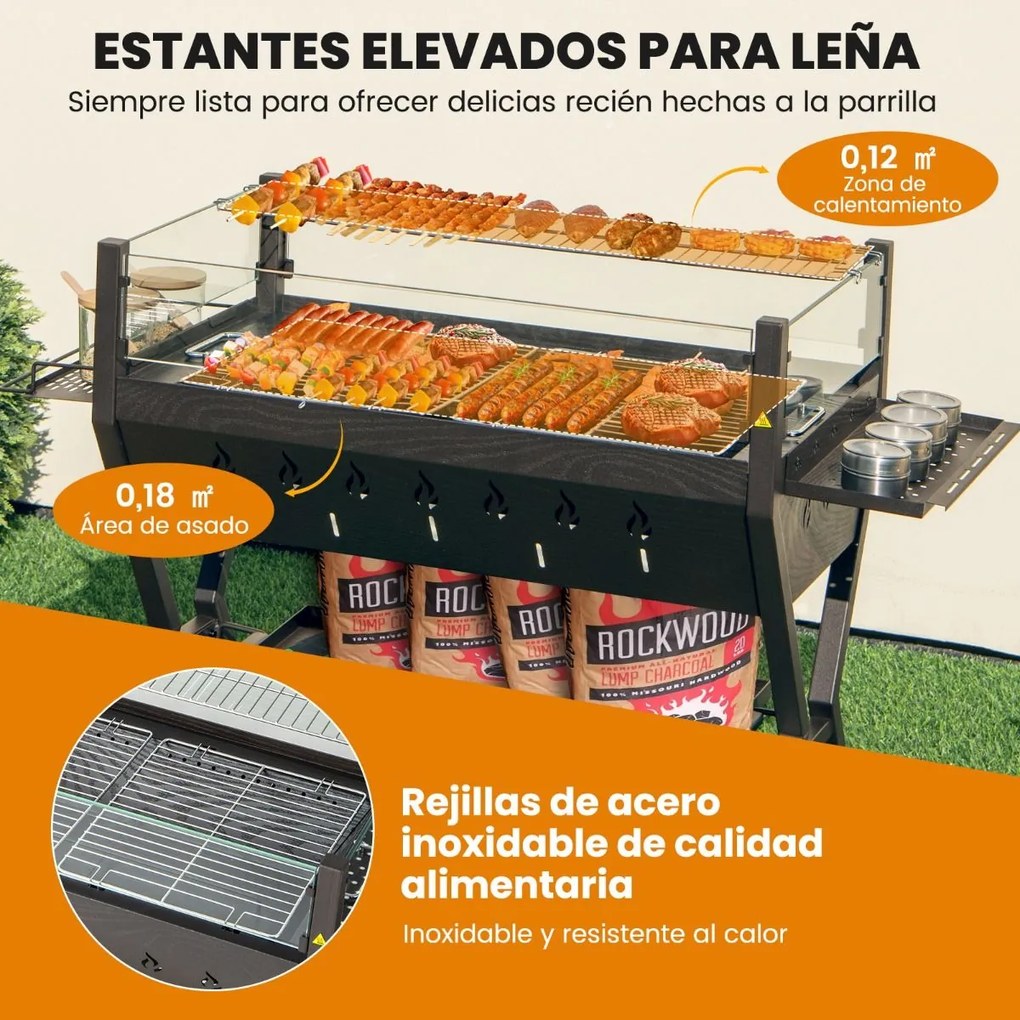Grelhador a carvão para churrascos em aço inoxidável com luvas de proteção contra o vento 98 x 42 x 68 cm