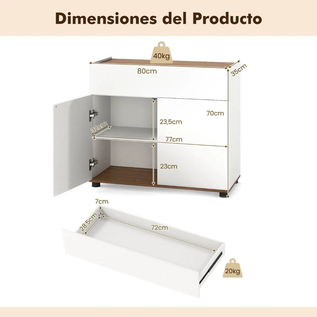 Aparador, armário de Cozinha 80 × 35 × 70 cm com arrumação em madeira com 1 gaveta e 2 portas Credenza estilo moderno rústico Branco