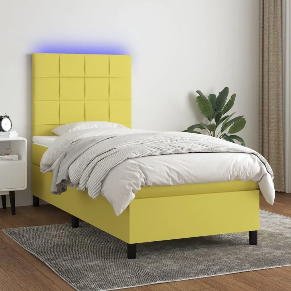 vidaXL Cama box spring c/ colchão e LED 80x200 cm tecido verde