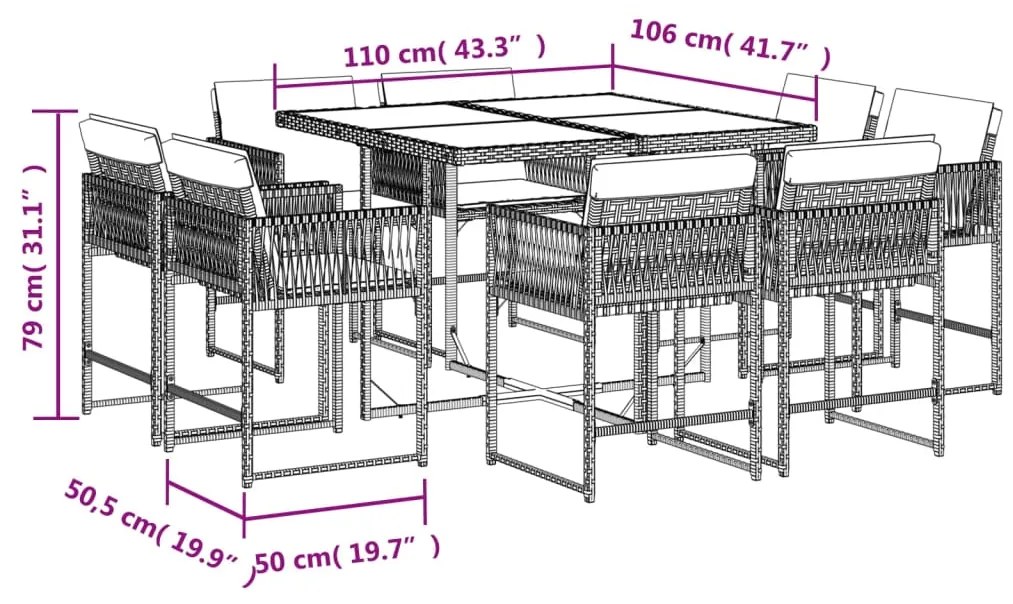 9 pcs conjunto de jantar p/ jardim com almofadões vime PE bege