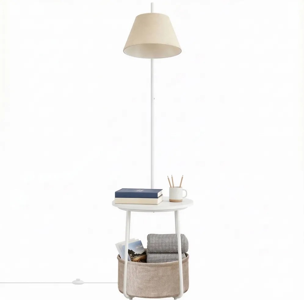 Mesa de cabeçeira com candeeiro de pé LED, prateleira e cesto de tecido, estrutura em aço, branca