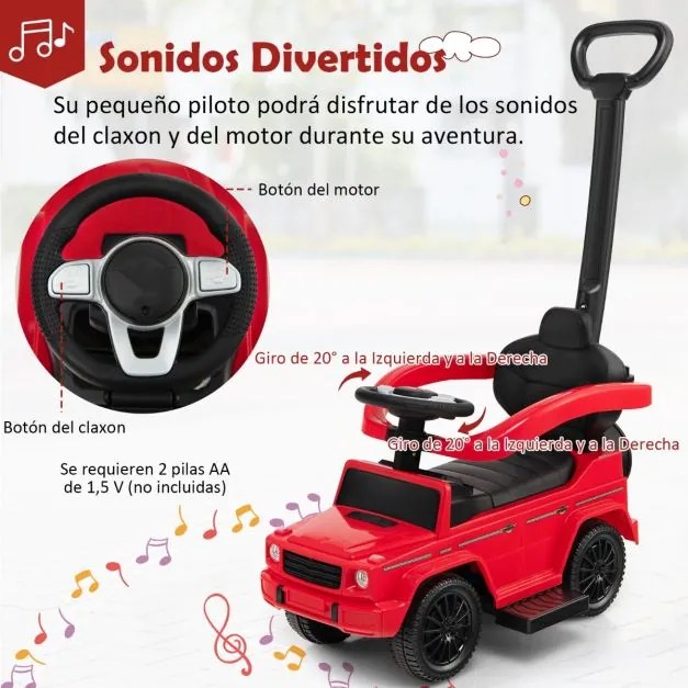 Carro de passeio 3 em 1 para crianças com capota ajustável, alça para os pais, barra de apoio para os braços, som de motor e buzina vermelho